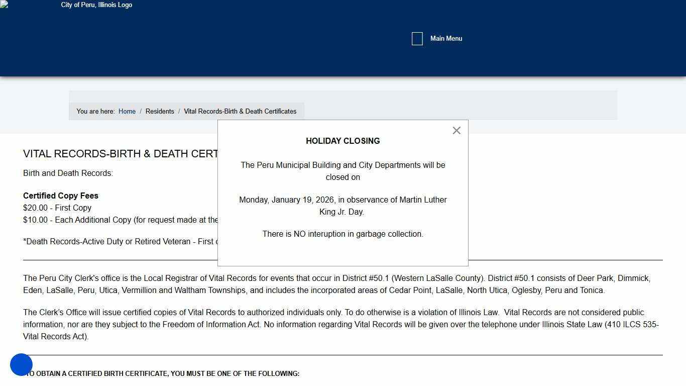 Vital Records-Birth & Death Certificates - City of Peru Illinois 61354